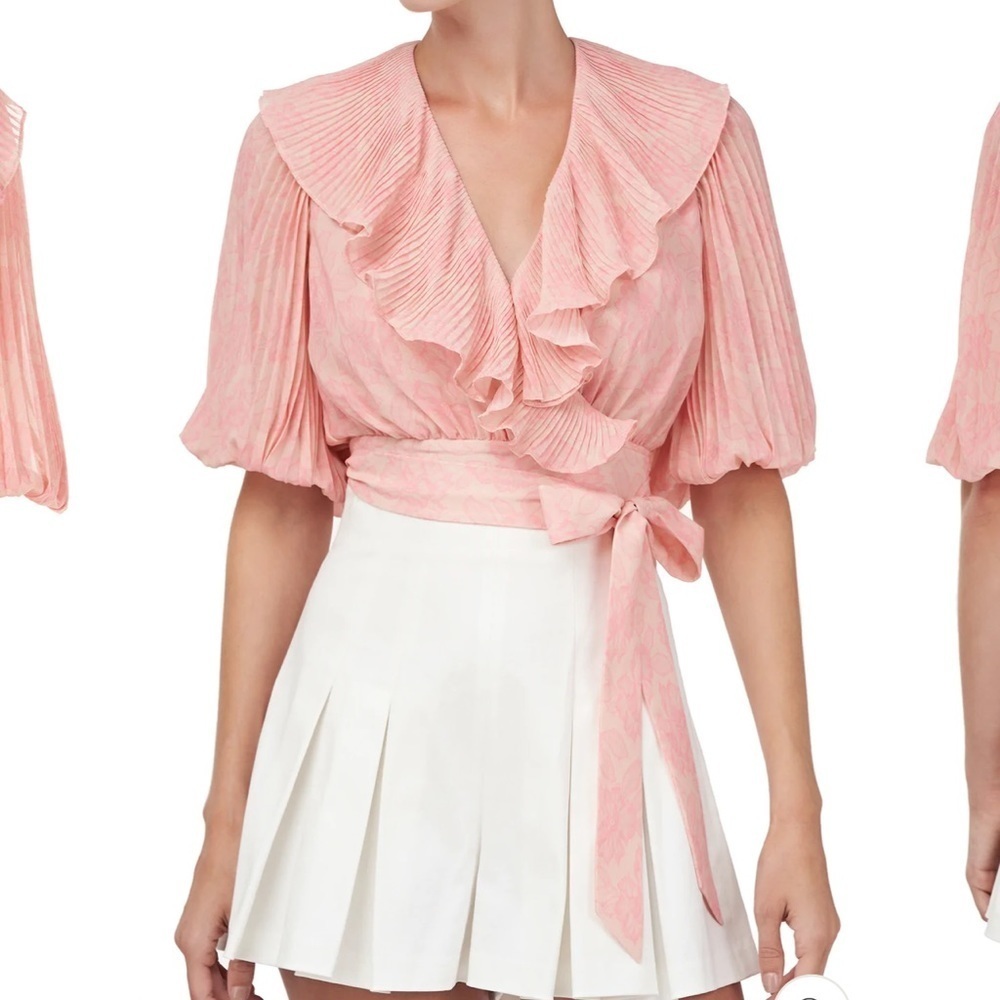 AMUR Naya Peach Rose Lace Wrap Crop Top Ruffle Blouse XS Feminine